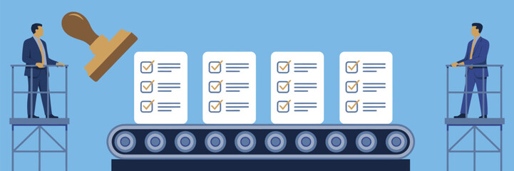 Automated checklist process with men on platforms and a large rubber stamp over conveyor belt items