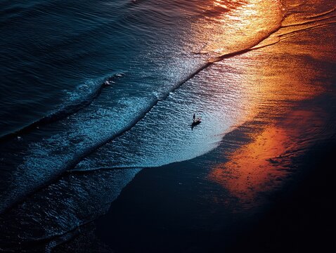 Surfer silhouette wading through sunset-lit wave break, aerial view of sapphire sea and amber sand divide, dynamic coastal contrast