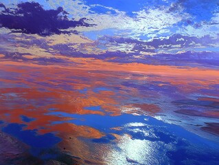 Seamless sky-water fusion at twilight, violet clouds mirrored in turquoise ripples with molten gold illumination, ethereal horizonless meditation