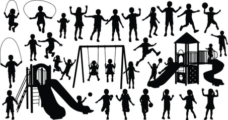 Silhouette children playing on playground, jumping rope, swinging, climbing, sliding, ball games, active kids, outdoor fun, physical activity concept
