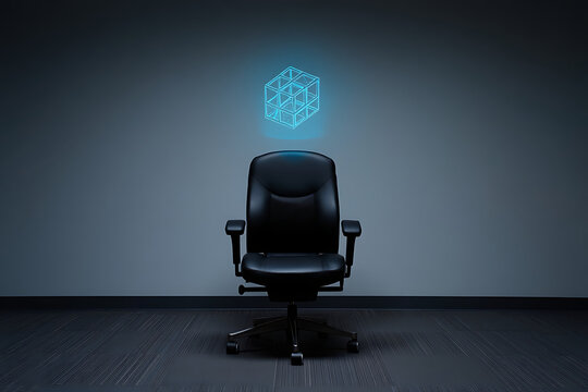 Empty office chair with holographic bitcoin symbol above - Powered by Adobe
