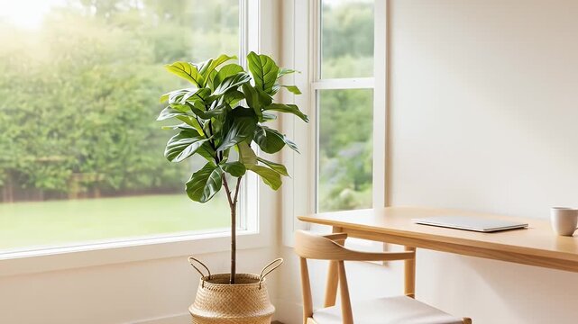 Slow zoom in on a modern minimalist home office workspace with a wooden desk plants and a laptop by a bright sunlit window