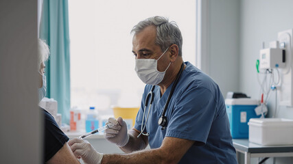 Experienced healthcare worker administering vaccine to patient in modern clinic setting for health safety