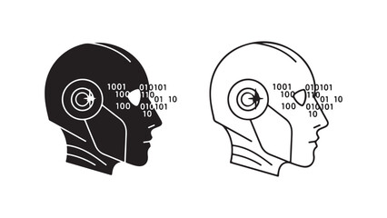 Robot head with binary code and circuit symbol
