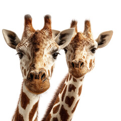Naklejka premium Two giraffes gaze, their patterned coats & long necks in view