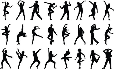 Silhouette dancers in various poses and styles, expressive movements, performing arts illustration, dance performance concept, creative body movement collection