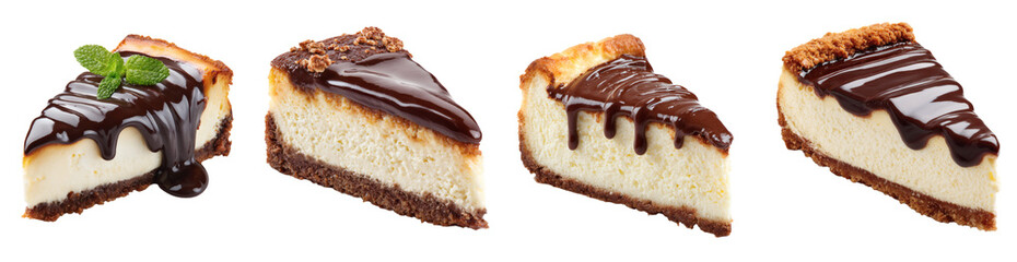 Delicious cheesecake slices with chocolate drizzle and mint garnish, perfect for dessert promotions, menus, and culinary designs PNG set Transparent backround