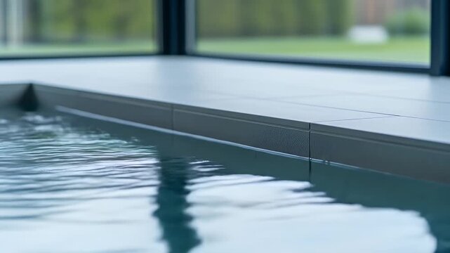 Serene indoor swimming pool with gentle ripples on the water surface a close up view of the modern tiled edge and a garden background