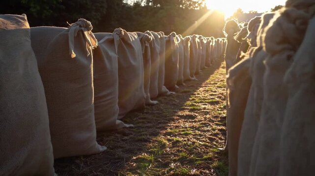 Rows of Burlap Sacks in a Field at Sunrise Create a Peaceful and Serene Morning Scene with Rays of Sunlight Casting Shadows