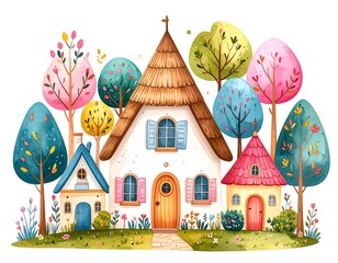 Colorful whimsical houses nestled among trees.