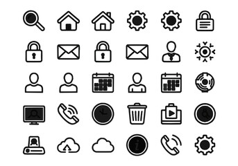 Fototapeta premium Collection of simple black line icons depicting common website and application interface symbols.