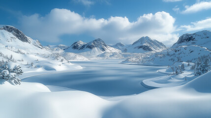 Winter Scene with Mountains and Icy Lake