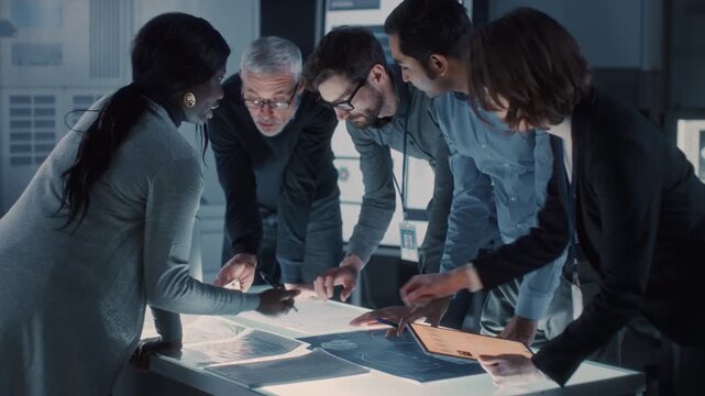 Engineers Meeting in Technology Research Laboratory: Engineers, Scientists and Developers Gathered Around Illuminated Conference Table, Talking and Finding Solution. 