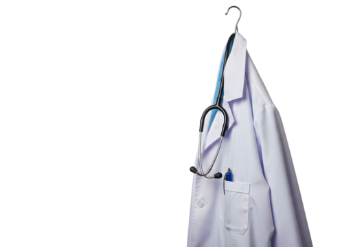 Crisp white doctor's coat with a stethoscope hanging, symbolizing healthcare and medical professionals ready to serve and provide expert treatment for patients in need