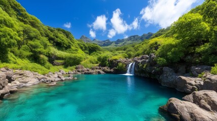 A tranquil waterfall cascades into a vibrant turquoise pool, surrounded by lush greenery and dramatic mountains.