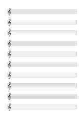 Sheet music notation blank template with treble cleft in A4 format