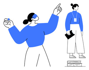Minimalist illustration of a woman gesturing expressively and another standing beside books with a clipboard. Ideal for education, teamwork, leadership, creativity, communication, seminar