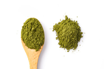 Henna, wheat grass or matcha powder on white background