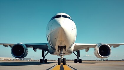 Naklejka premium Front view of white commercial airplane parked on tarmac under clear blue sky. Aircraft features powerful jet engines mounted under wings, detailed landing gear, distinctive aerodynamic fuselage.