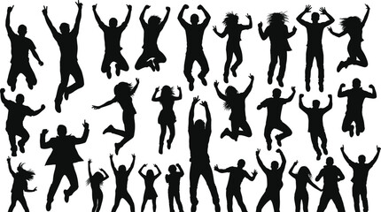 Silhouette people jumping and raising arms in dynamic poses, energetic movement, celebration, joy, freedom, active lifestyle illustration concept