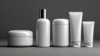 Elegant Cosmetic Product Lineup Minimalist Studio Shot on Gray Backdrop Presents a Modern and Clean Aesthetic