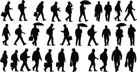 Silhouette people walking in various poses, carrying bags, backpacks, umbrellas, using phones, everyday activities, urban lifestyle illustration concept