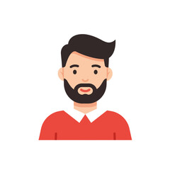 Confident bearded man wearing a red sweater with white collar embodying professionalism and approachability suitable for corporate presentation.