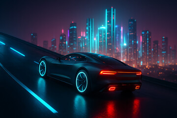 Futuristic black sports car driving on a highway with glowing city skyline in the background, a representation of modern transport technology