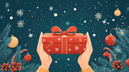 Hands holding a red gift box with a gold ribbon, surrounded by Christmas decorations like snowflakes, ornaments, and pine branches on a dark teal background.