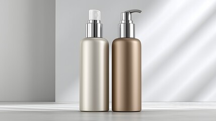 Elegant Cosmetic Bottles in Neutral Colors on a Modern Minimalist Set with Soft Lighting and Subtle Shadows