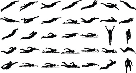 Silhouette swimmers in various strokes and diving poses, freestyle, backstroke, breaststroke, butterfly, aquatic sports illustration, swimming technique concept