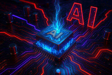 A powerful artificial intelligence chip with a glowing lightning bolt on a circuit board, a visual metaphor for advanced computing and data processing