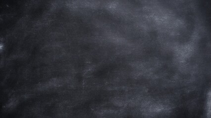 Black chalkboard texture with rubbed chalk. White chalk dust on a black chalkboard. Chalk smudges on dark blackboard. Empty classroom blackboard background with space for design.