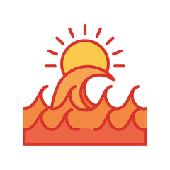Heat wave illustration vibrant sun shining over stylized ocean waves depicting hot summer weather ideal for travel blogs and environmental awareness campaigns.