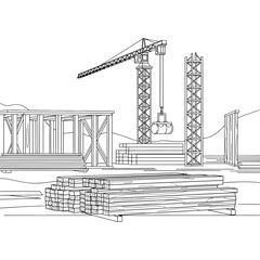 Construction Site with Crane and Lumber Stack - Vector Illustration