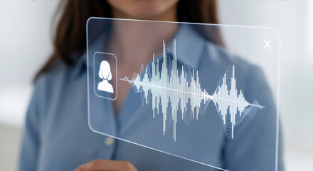 Woman with sound wave visualization interface displaying audio frequency patterns. Voice technology for speech recognition and digital communication systems