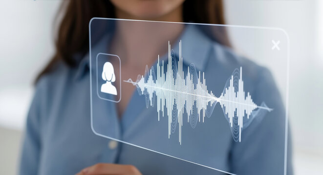 Woman with sound wave visualization interface displaying audio frequency patterns. Voice technology for speech recognition and digital communication systems
