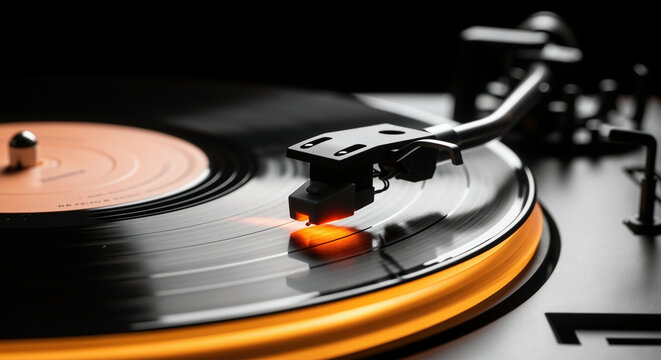 Vinyl record playing on turntable with orange needle and glowing stylus tracking grooves. Retro music technology and analog audio equipment for DJ and entertainment content
