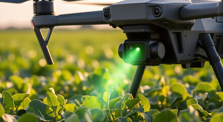 Drone with green laser light hovering over crop field during agricultural monitoring. Precision farming for smart agriculture and automated crop surveillance technology