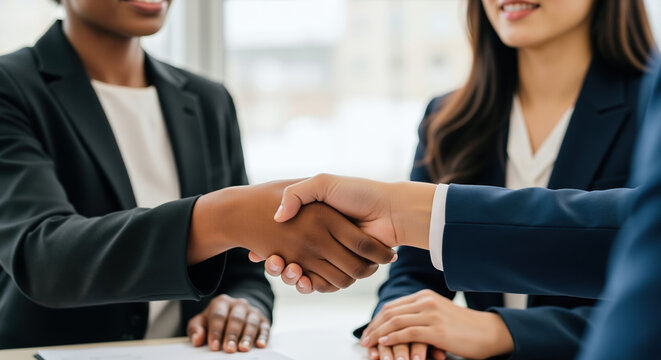 Professional women shaking hands during business meeting in office environment. Corporate partnership for agreement negotiation and workplace collaboration success