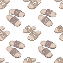 Cozy comfortable floral slippers. Seamless pattern with cute hand drawn slippers.