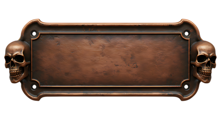 Front-facing realistic antique copper nameplate with skull shaped edges embossed border rustic aged patina isolated on transparent background no text