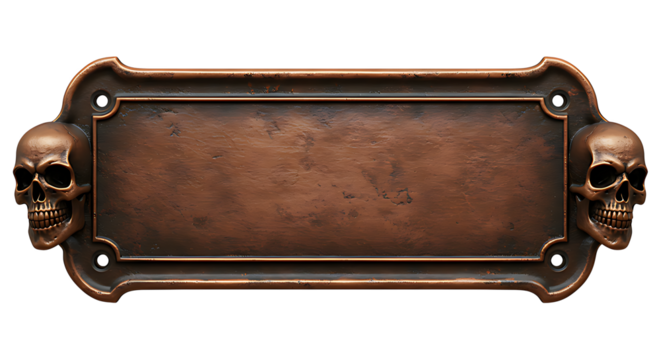 Front-facing realistic antique copper nameplate with skull shaped edges embossed border rustic aged patina isolated on transparent background no text