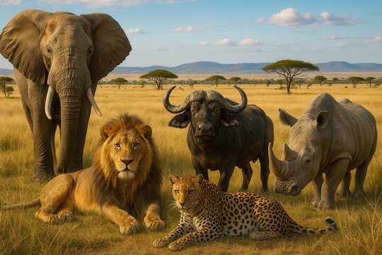 Big Five posing together in the african savanna