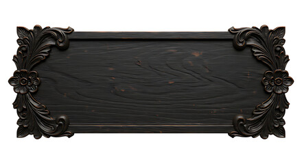 Front-facing realistic antique carved dark wood nameplate with ornamental floral Halloween bat edges aged wood texture isolated on transparent background no text