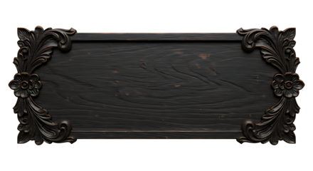 Front-facing realistic antique carved dark wood nameplate with ornamental floral Halloween bat edges aged wood texture isolated on transparent background no text