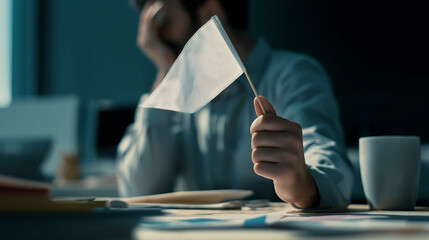 Depressed businessman holding and raise up small white flag for give up while sitting at office

