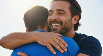 Fototapeta premium Men embracing after sports victory celebration with joy and happiness. Athletic achievement for team success and friendship bond motivation