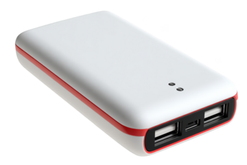White and red portable charger with dual USB ports