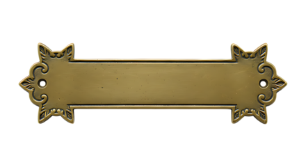 Front-facing realistic antique brass nameplate with cat shaped ornate edges brushed aged effect isolated on transparent background no text